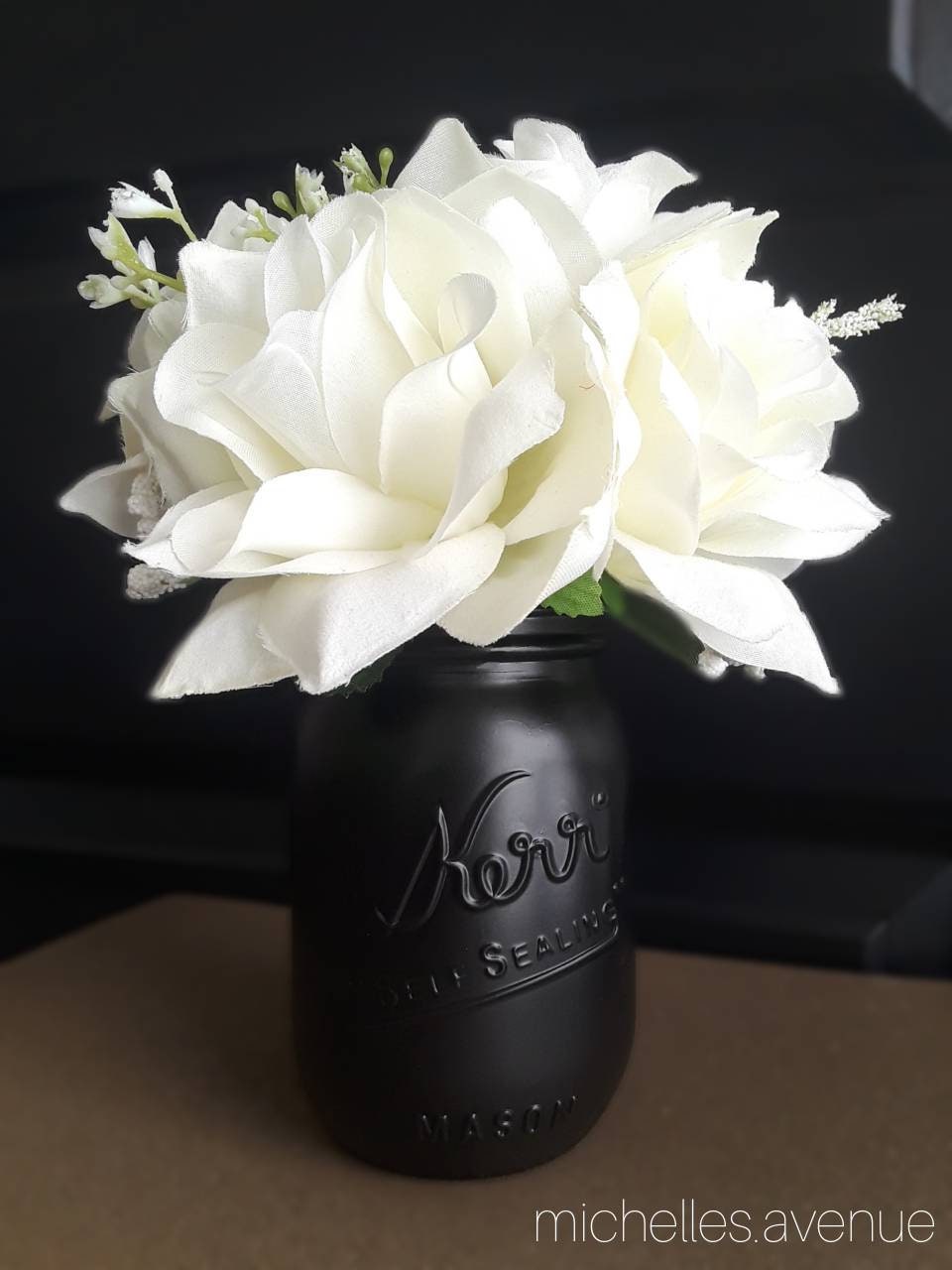 Black Matte Decor White Roses Black Decor Black Wedding Glam Matte Black Mason Jar Centerpiece Cream Roses Party Event Decoration