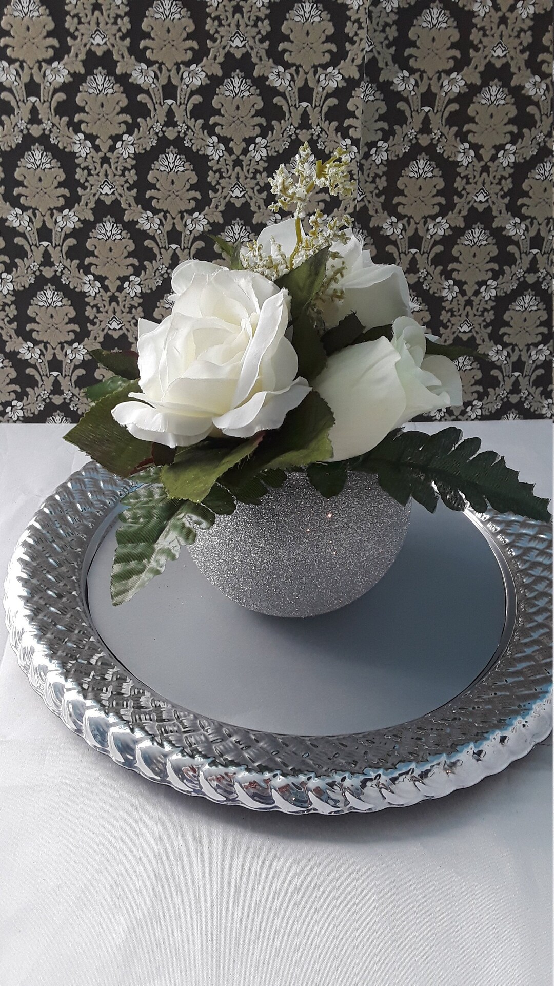 Silver Glitter Bowl Vase White Roses Centerpiece Glamorous