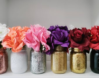 Glitter Mason Jars, Glitter Rose Decorations, Glitter Centerpiece, Gold Glitter Mason Jar, Silver Glitter Jars, Mason Jar Decorations