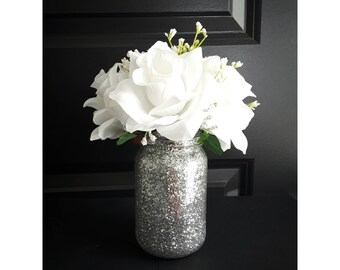 Glitter Mason Jar Floral Decor Rose Decor Glam Decor Elegant Rose Mason Jar Silver Glitter Centerpieces Wedding Home Decor White Roses Decor
