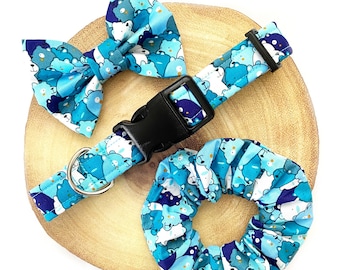 Blue Bear Dog Collar, Lead & Bow Bowtie - Blue Teddy Bear Cute - Handmade Adjustable Fabric Pet Collar, Leash Bow Tie Set