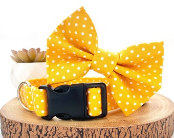 Mustard Yellow Polka Dot Dog Collar, Lead & Bow Bowtie - Yellow White Spots Dots - Handmade Adjustable Fabric Pet Collar, Leash Bow Tie Set