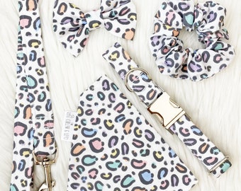 Leopard Print Dog Collar, Lead, Bandana, Bow Tie & Scrunchie - Colourful Animal Cheetah - Handmade Adjustable Fabric Pet Leash Bowtie Set