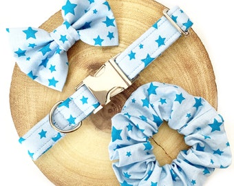 Blue Stars Dog Collar, Lead, Bandana & Bow Bowtie - Baby Blue Starry Star - Handmade Adjustable Fabric Pet Collar, Leash Bow Tie Set