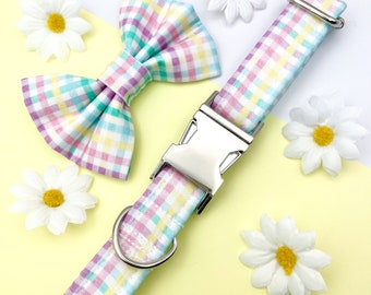 Easter Gingham Dog Collar, Lead & Bow Bowtie - Gingham Check Colourful Pastel  - Handmade Adjustable Fabric Pet Collar, Leash Bow Tie