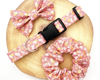 Pastel Rose Pink Floral Dog Collar, Lead, Bow Bowtie & Scrunchie -Vintage Flowers Matching- Handmade Adjustable Fabric Pet Leash Bow Tie Set