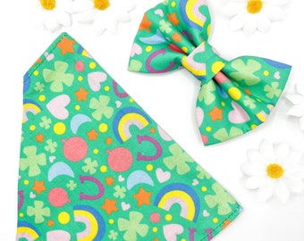 Lucky Shamrock Dog Cat Bandana Bow Tie Lucky Green Pet Accessories Rainbow Horseshoe Clover