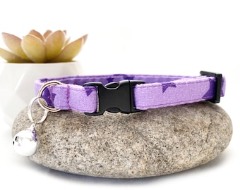 Purple Star Cat Kitten Collar, Bow Tie, Bandana & Scrunchie With Breakaway Safety Buckle Bell 10mm Starry Stars Adjustable Fabric Pet Collar