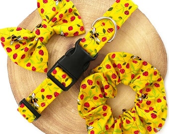 Yellow Strawberry Bee Dog Collar, Lead & Bow Bowtie - Bumble Bee Strawberries - Handmade Adjustable Fabric Pet Collar, Leash Bow Tie Set