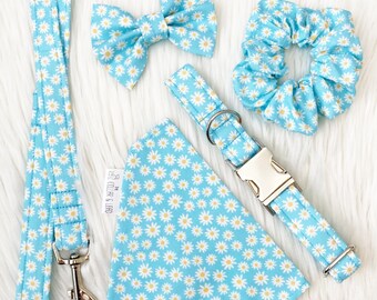 Blue Daisy Dog Collar, Lead, Bandana, Bow Tie & Scrunchie - Floral Flowers Daisy - Handmade Adjustable Fabric Pet Leash Bowtie Set