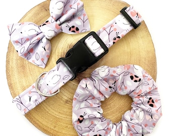 Lilac Birds, Ladybirds & Butterfly Dog Collar, Lead Bow Bowtie - Bird Purple - Handmade Adjustable Fabric Pet Collar, Leash Bow Tie Set