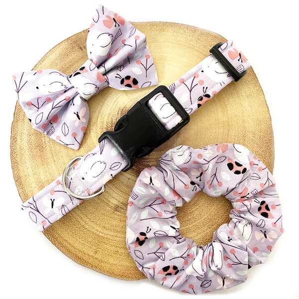 Lilac Birds, Ladybirds & Butterfly Dog Collar, Lead Bow Bowtie - Bird Purple - Handmade Adjustable Fabric Pet Collar, Leash Bow Tie Set