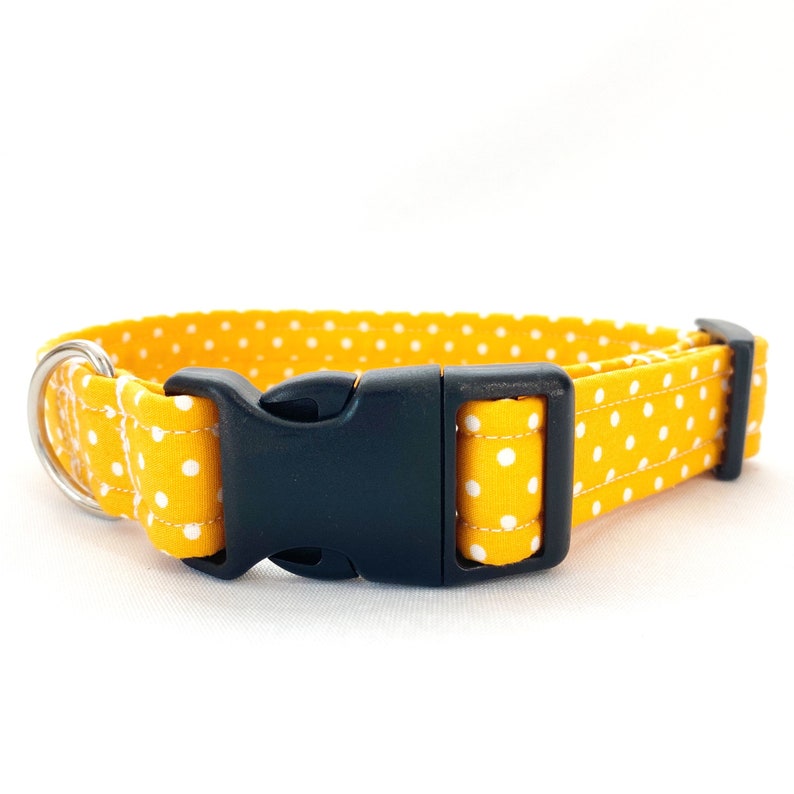 Mustard Yellow Polka Dot Dog Collar, Lead & Bow Bowtie Yellow White Spots Dots Handmade Adjustable Fabric Pet Collar, Leash Bow Tie Set image 7