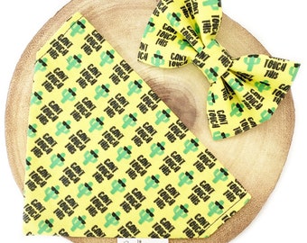 Cactus "Can't Touch This" Dog Cat Bandana & Bow Tie - Funny Yellow Green - Handmade Adjustable Pet Bandana Bowtie