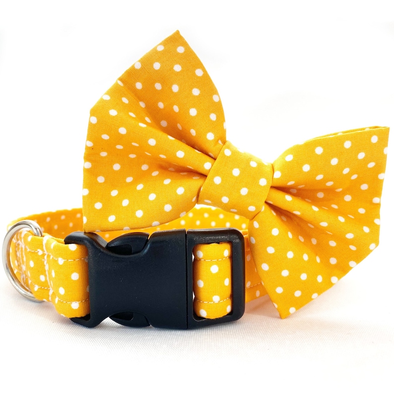 Mustard Yellow Polka Dot Dog Collar, Lead & Bow Bowtie Yellow White Spots Dots Handmade Adjustable Fabric Pet Collar, Leash Bow Tie Set image 4