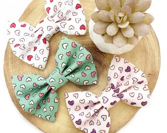 Love Hearts Dog Bow Cat Bow Valentines Matching Scrunchie - Hearts Romance White Lilac Green Handmade Pet Bowtie