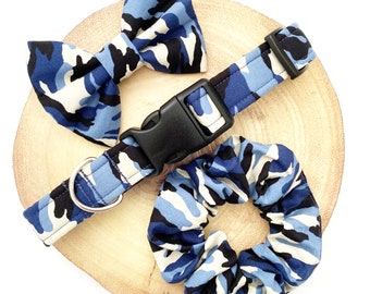 Blue Camo Camouflage Dog Collar, Lead, Bow Bowtie & Scrunchie - Blue, Cream, Black, Navy - Handmade Adjustable Fabric Pet Leash Bow Tie Set