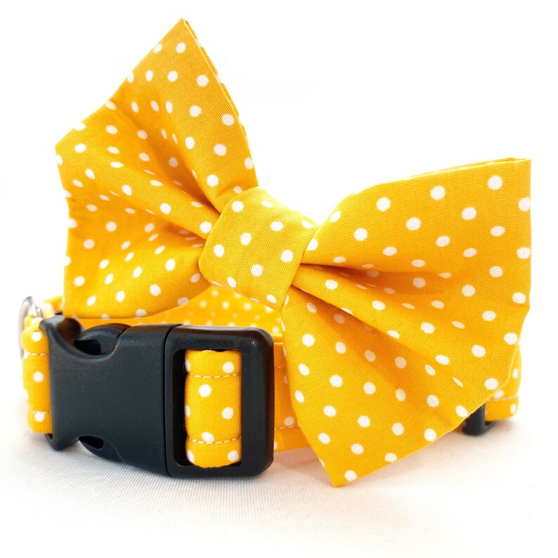 Mustard Yellow Polka Dot Dog Collar, Lead & Bow Bowtie Yellow White Spots Dots Handmade Adjustable Fabric Pet Collar, Leash Bow Tie Set image 5