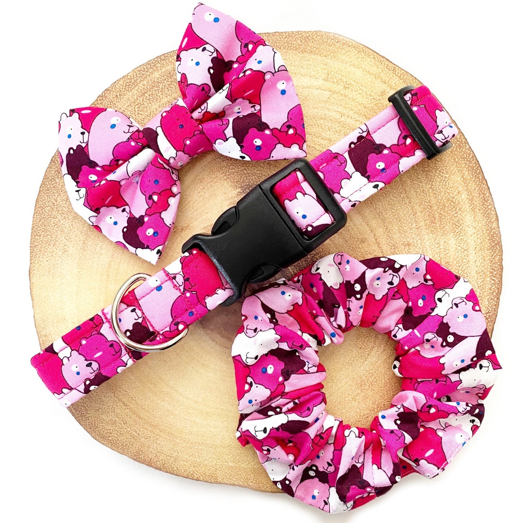 Pink Bear Dog Collar, Lead & Bow Bowtie Pink Teddy Bear Cute Handmade Adjustable Fabric Pet