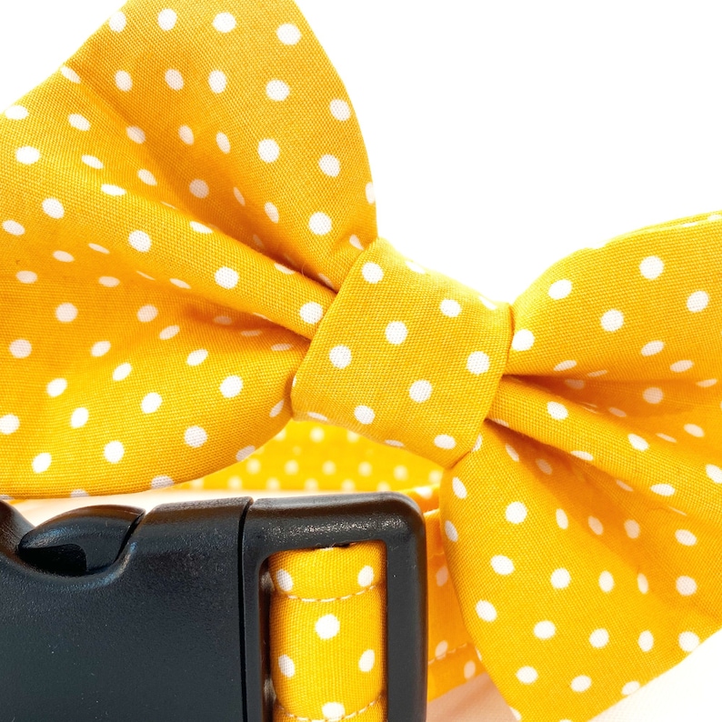 Mustard Yellow Polka Dot Dog Collar, Lead & Bow Bowtie Yellow White Spots Dots Handmade Adjustable Fabric Pet Collar, Leash Bow Tie Set image 6