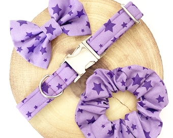 Purple Stars Dog Collar, Lead, Bandana & Bow Bowtie - Lilac Starry Star - Handmade Adjustable Fabric Pet Collar, Leash Bow Tie Set