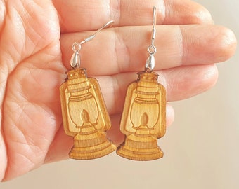 mira engraved Lantern lover earrings camping jewelry wooden laser cut earrings glowforge camper life ideas hiking girlfriend gift