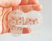 Sugar skulls love earrings, Mexico jewelry, clear laser cut earrings, traditional girlfriend gift