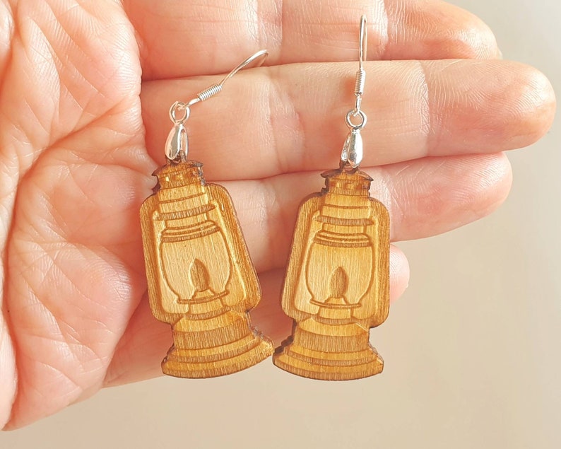 mira engraved Lantern lover earrings camping jewelry wooden laser cut earrings glowforge camper life ideas hiking girlfriend gift