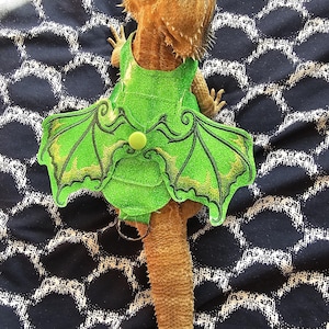 Puede incluir: Un dragón barbudo con un arnés de fieltro verde brillante que presenta alas de tela con detalles de volutas bordadas en verde oscuro, un cierre central de botón a presión verde y una anilla de metal en la base del arnés.
