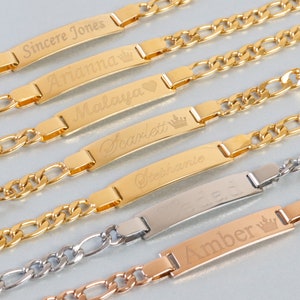 May include: Six gold chain bracelets with personalized nameplates. The nameplates are engraved with the names "Sincere Jones", "Arianna", "Malaya", "Scarlett", "Stephanie", and "Issac".
