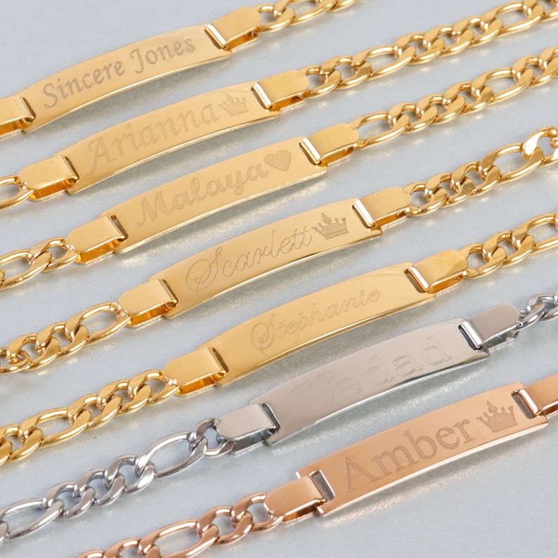 May include: Six gold chain bracelets with personalized nameplates. The nameplates are engraved with the names "Sincere Jones", "Arianna", "Malaya", "Scarlett", "Stephanie", and "Issac".