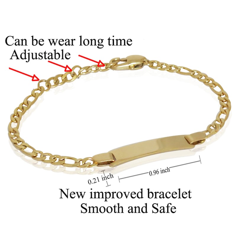 May include: Gold chain bracelet with a rectangular nameplate tag. The bracelet is adjustable and has a clasp closure. The nameplate is 0.96 inches long and 0.21 inches wide. The text "Can be wear long time Adjustable" is written above the bracelet.