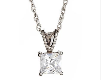 CZ White Princess-cut Sterling Silver Pendant & Chain