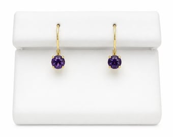 Amethyst Leverback Earrings 0.50ct 4mm Round 14K Solid Yellow Gold