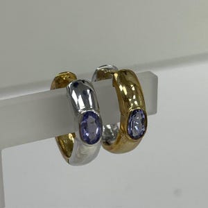 Hoop Huggie Earrings 14kt Yellow & White Gold with Assorted Natural Gemstones– Ruby, Sapphire, Emerald, Tanzanite, Cubic Zirconia