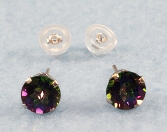 Mystic Fire Topaz Earrings 2.10cts. 6mm Round checkerboard cut stud earring, solid 14KT Gold