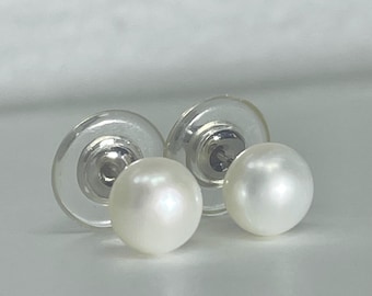 Genuine White Freshwater Pearl Stud Earrings 8mm round 925 Sterling Silver