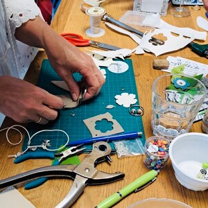 Könnte beinhalten: Ein Basteltisch mit verschiedenen Werkzeugen und Materialien. Eine Person arbeitet an einem Projekt mit einem Metallring und Kartonteilen. Weitere Artikel sind Scheren, Zangen, Perlen und Papierauschnitte. Der Tisch ist mit Bastelbedarf bedeckt.