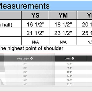 Peut inclure: Un tableau montrant les mesures des v&ecirc;tements pour les tailles enfant YS, YM et YL. Le tableau comprend les mesures de la largeur de la poitrine, de la longueur du corps et de la longueur des manches. Les mesures sont en pouces.