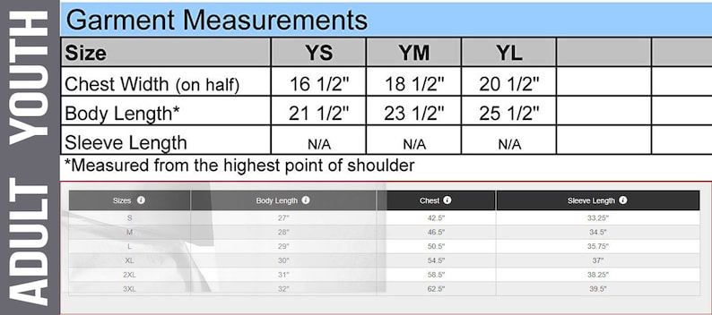 Peut inclure: Un tableau montrant les mesures des v&ecirc;tements pour les tailles enfant YS, YM et YL. Le tableau comprend les mesures de la largeur de la poitrine, de la longueur du corps et de la longueur des manches. Les mesures sont en pouces.