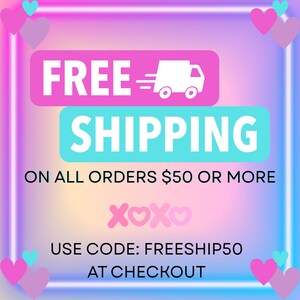 May include: A promotional graphic with a neon gradient background. The text "FREE SHIPPING" is displayed in large white letters on pink and blue rectangular blocks. The graphic includes hearts and the text "XOXO".