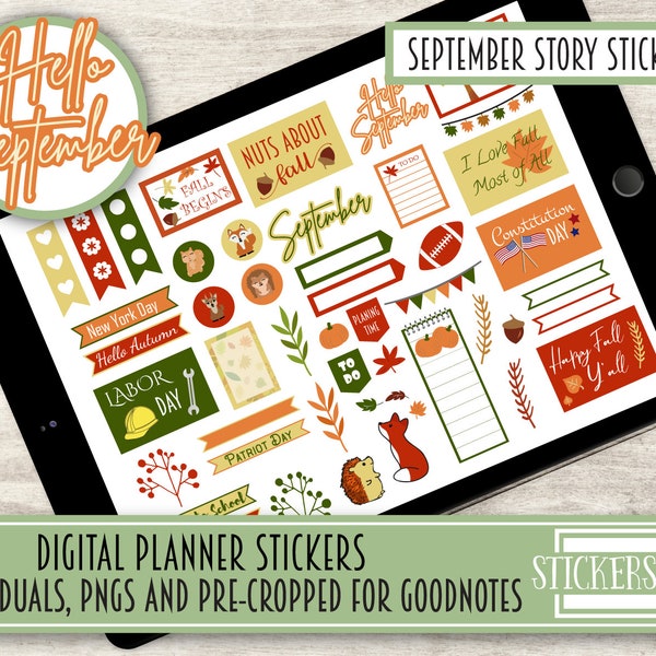 September Story Stickers, Goodnotes stickers for September, mini set of Planner Stickers, 46 Fall Stickers for September holidays events fun