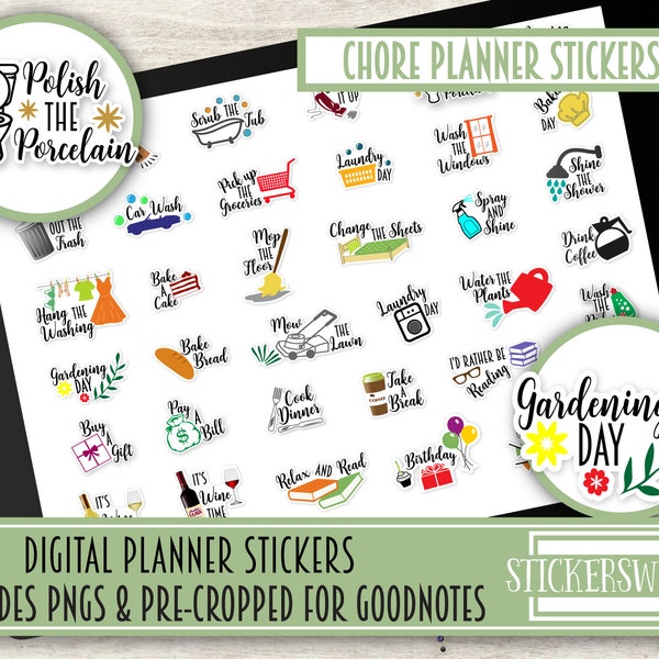 Daily Cleaning Digital Planner Stickers for Goodnotes, Pre-Cropped Stickers, Plan Housework Stickers, 37 Chore Stickers, Cleaning Stickers