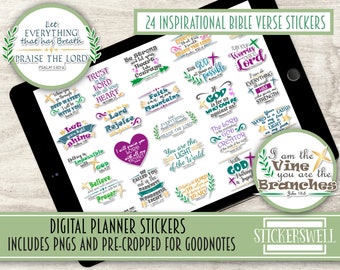 Bible Verses Digital Planner Stickers, 24 Pre-Cropped Inspirational Bible Verse Digital Stickers, Digital Planner Day Stickers for Goodnotes