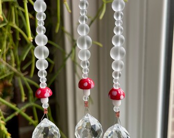 Mini Amanita Mushroom Suncatcher (red),  Suncatcher, Prism Suncatcher, Rainbow Suncatcher, Crystal Suncatcher, Car Mirror charm, Mushroom