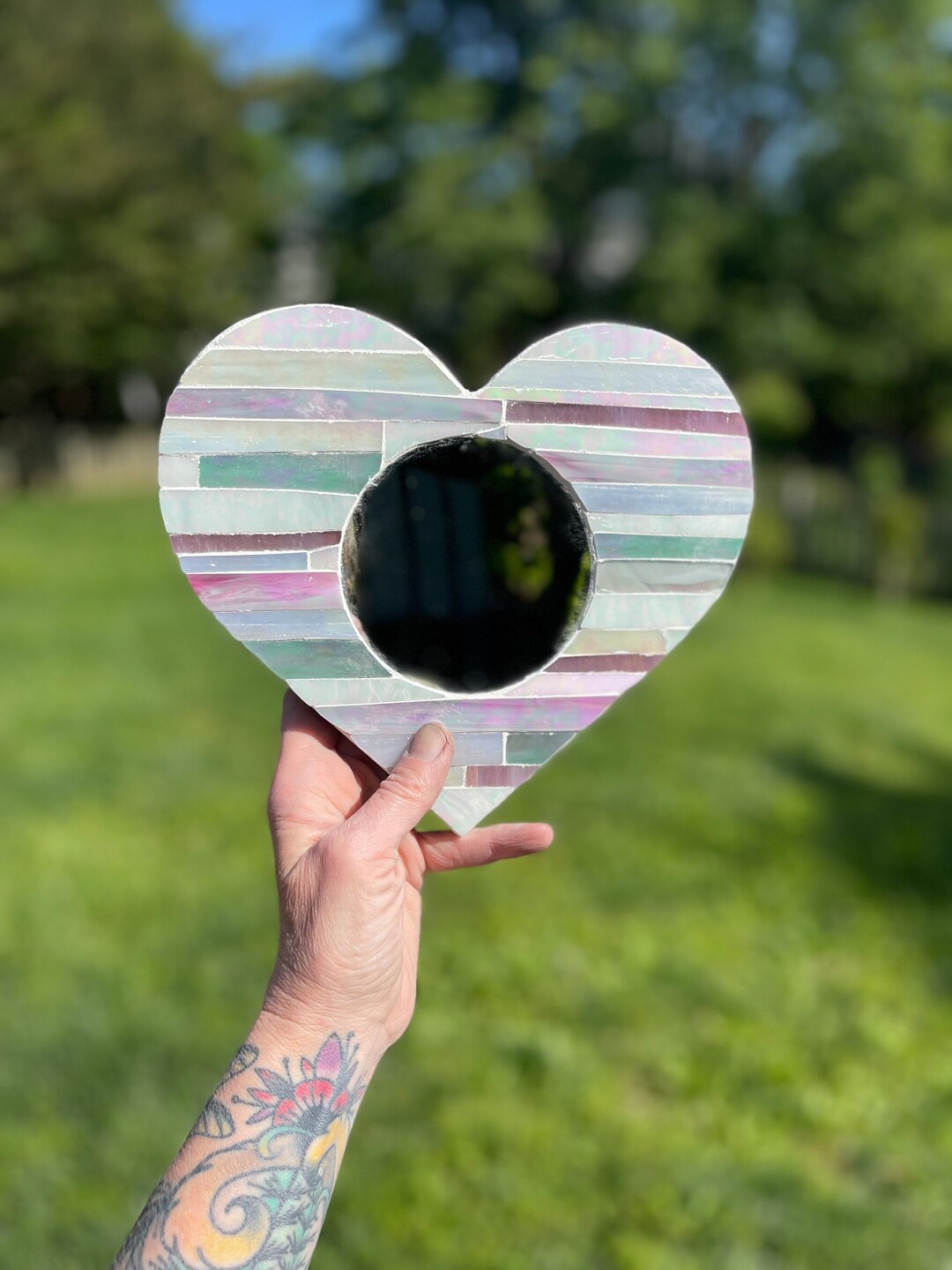 Heart Mirror Mosaic pink, Glass Mosaic, Heart Art, Mosaic Art