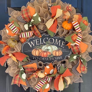 Fall Thanksgiving Mesh Front Door wreath,Pumpkins Wreath Burlap, Fall Welcome Wreath, Fall Burlap wreath,  Welcome Fall wreath, Autu
