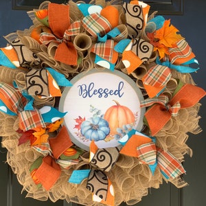 Fall Wreath Burlap Thankful Fall Burlap Mesh Wreath with Pumpkins  Fall Wreath Fall Pumpkin Wreath Fall Blessed Wreath