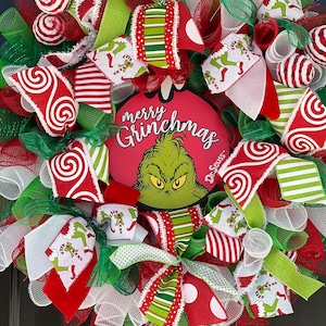 Grinch Wreath Merry Grinchmas Holiday Wreath Red White Swirl Balls Grinch ribbon