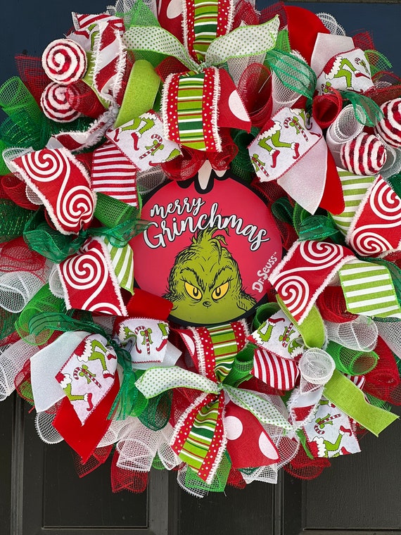 Grinch Wreath Merry Grinchmas Holiday Wreath Red White Swirl Balls Grinch  ribbon